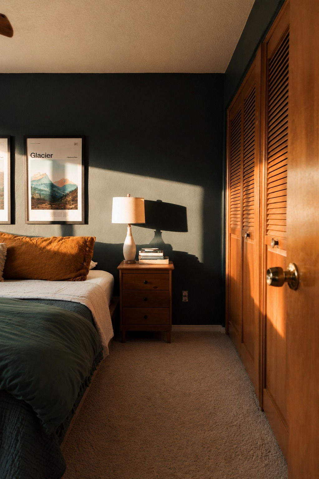 Primary bedroom, closet and nightstand