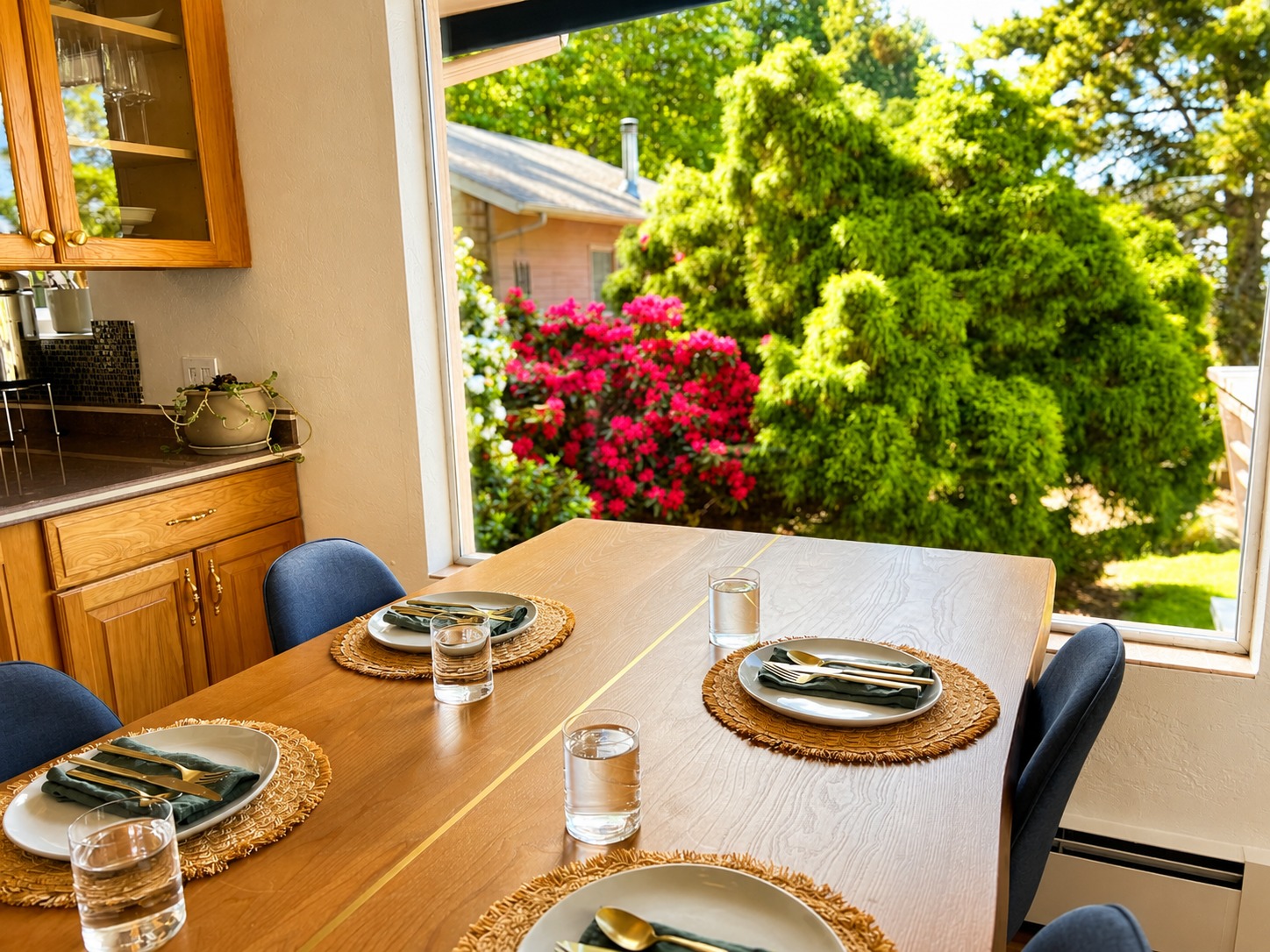 Dining table, set for guests